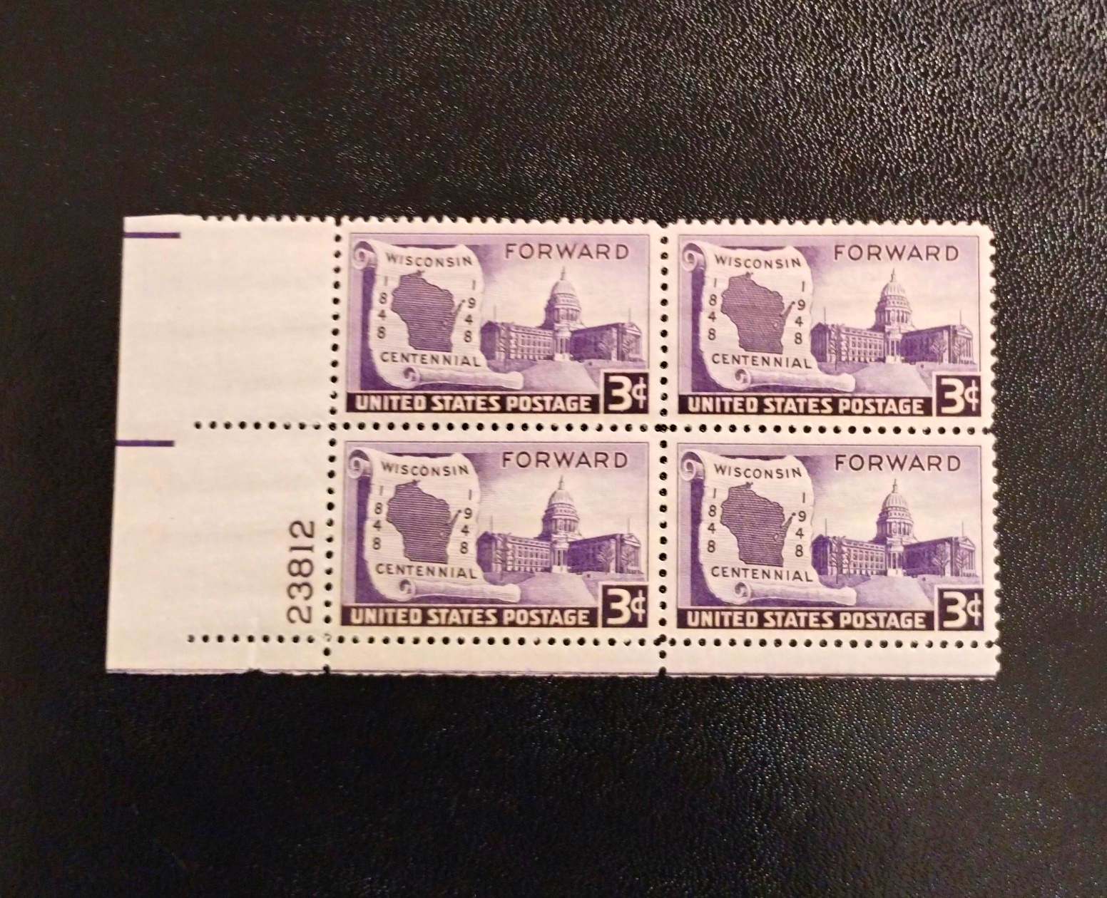 United States Wisconsin Centennial 3¢ Purple Plate Block of 4 MNH 1948 Ungraded