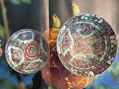 2 Vintage Hand painted Chinese Rose Medallion Porcelain Bowls (6  & 4.5 )