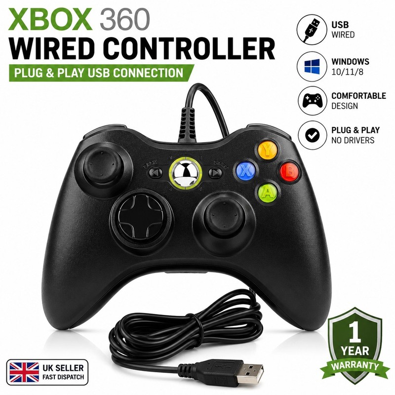 Xbox 360 Wired Controller USB Gamepad PC Windows Black Plug Play Gaming Pad UK