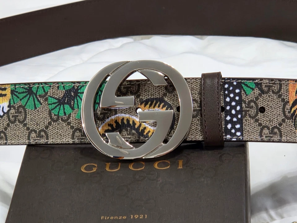 Auténtico Cinturón Gucci Tigre Marrón Monograma Plateado Talla 40-44 115cm Foto 2 de 4