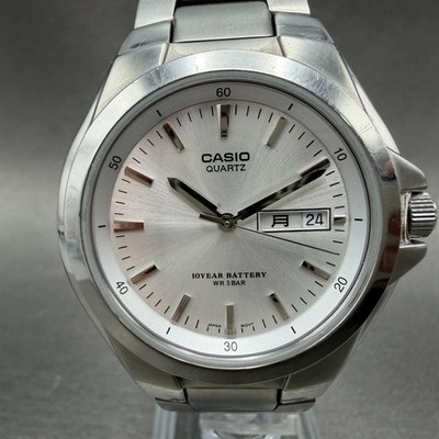 Casio Watch Men 38mm Silver Dial Silver Tone Daydate MTP-1228DJ New Battery FRYh
