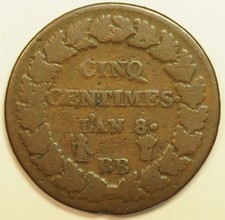 mw29302 France Bronze 5 Centimes L AN 8 - BB 1799-1800 Strasbourg Mint  KM#640.4