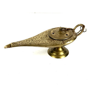Vintage Engraved Brass Genie Lamp Incense Burner Aladdin Lamp India 6" length