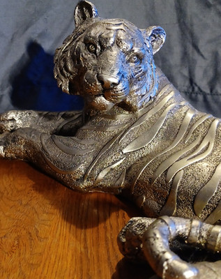 Silver Tiger Figurine 3D Effect Metallic Finish Tiger Stripe Pattern