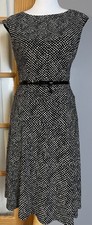Chaps Belted Career Dress Women’s Sz M Black White Dots Classic City Modest