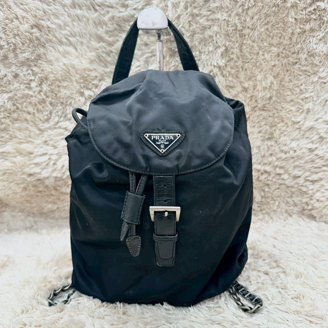 PRADA Backpack Black Nylon Triangular Logo Chain … - image 2