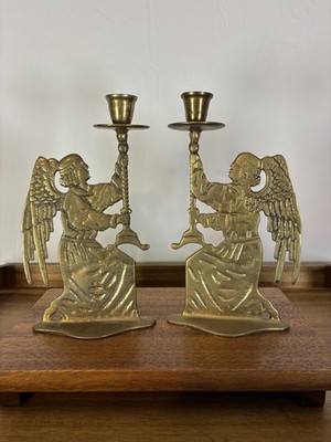 Vintage Brass Double Sided Kneeling Angel 9''H Taper Candle Holders Set of Two