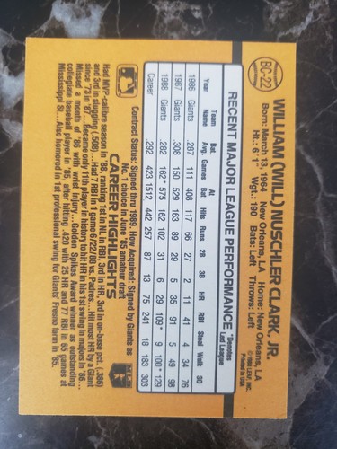 WILL CLARK 1989 Donruss MVP with AUTOGRAPH San Francisco Giants BC-22 - Picture 2 of 2