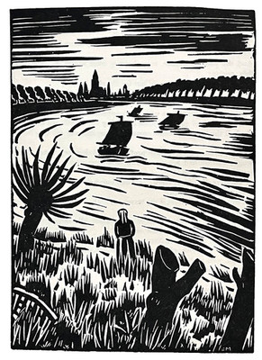 Original Plate-Signed FRANS MASEREEL Expressionist Block-Print (Watching Ships)