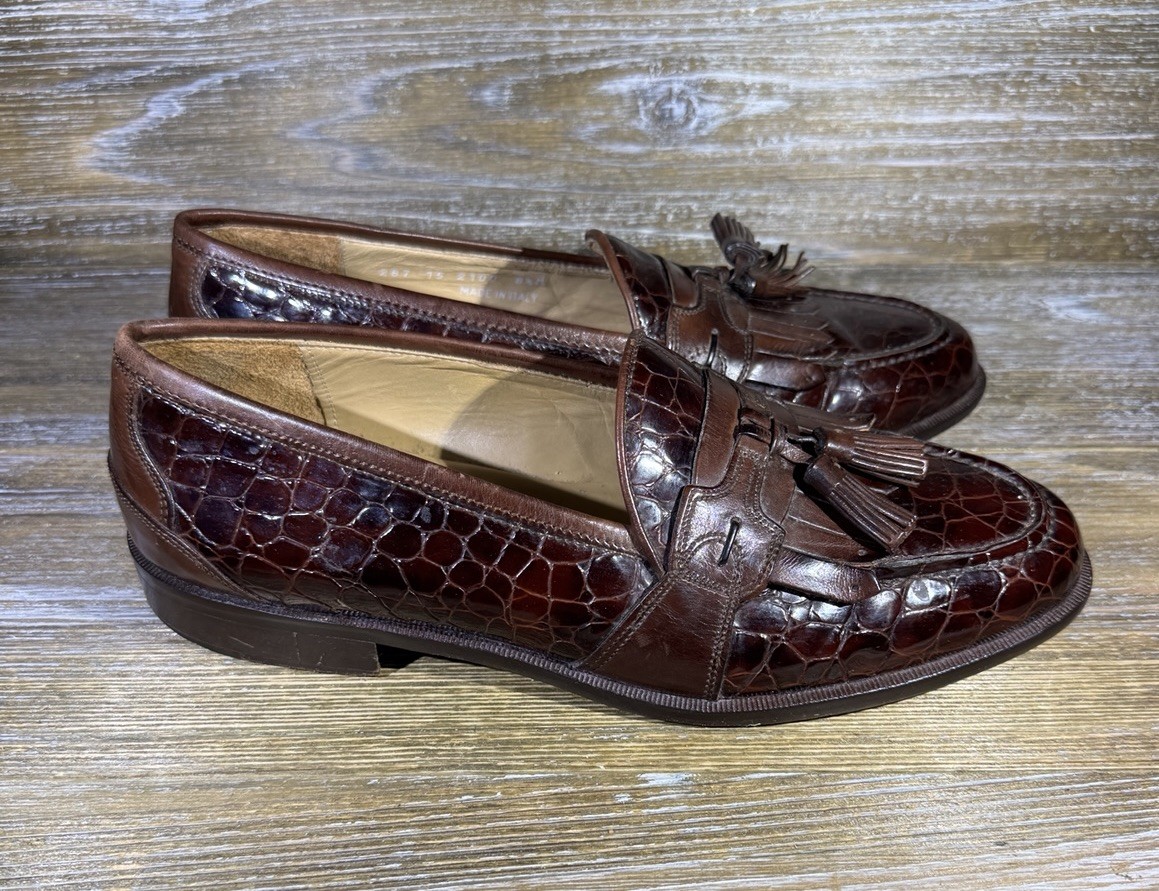 Johnston Murphy Cellini Loafers Shoes Tassel Brown Croc 