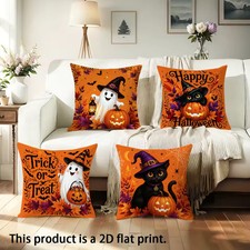 Black Cat Halloween Pillow Cover Pumpkin Witch Hat Fall Rustic Home Decor