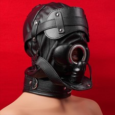 Bondage Hood Mask Head Harness Detachable Blindfold Mouth Gag Stuffed Slave BDSM