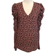 LOFT Floral Long Puff Sleeve Top Women's Size Medium V-Neck Boho Romantic Knit