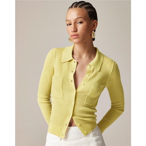 J.Crew Pullover mit Kragen und Knopfleiste L gelb Rippstrick Merinowollmischung tailliert