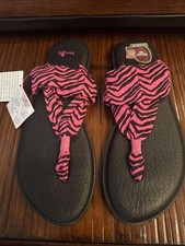 New Sanuk Women's 5 / 6 Black Pink Sling Casual Flip Flop Sandal Yoga Mat Shoes