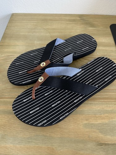 Tommy Hilfiger Black Stripe Flip Flops NWOT Womens Thong Summer Sandals - Picture 1 of 7