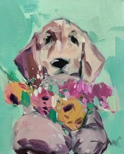 Jose Trujillo Fine Art PRINT 16x20" Collectible Artist Dog Flowers Whimsical
