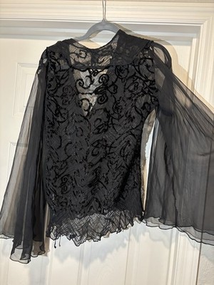 Cache Black Sheer Flowy Gothic Top Long Sleeve Tie Y2K Romantic Small Blouse