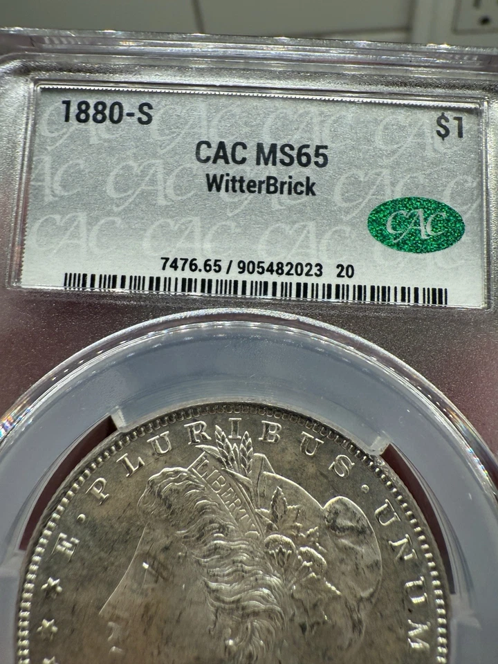 Moneda de dólar de plata Morgan 1880-S como nueva 65 CAC, WitterBrick, firmada, hermosa Foto 3 de 4