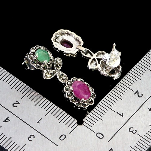 925 Sterling Silver Earrings Oval Ruby 7x5mm Emerald Marcasite Gemstone Jewelry - Picture 3 of 13