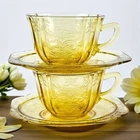 Set of 2 Vintage Federal Madrid Amber Yellow Depression Glass Tea Cups & Saucers