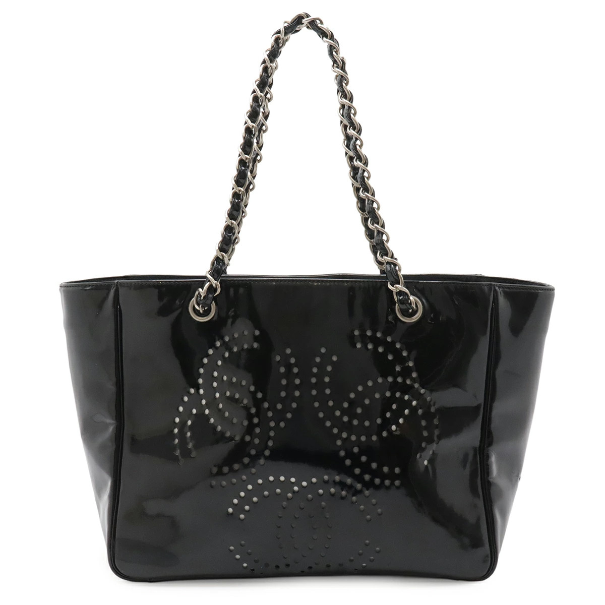 Chanel Coco Triple Punching Tote Bag Chain Shoulder Enamel Black 