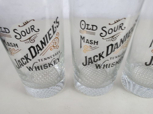 Jack Daniels Old Sour Mash Tall Whiskey High Ball Glasses Gold Black Set Of 4 - Picture 2 of 5