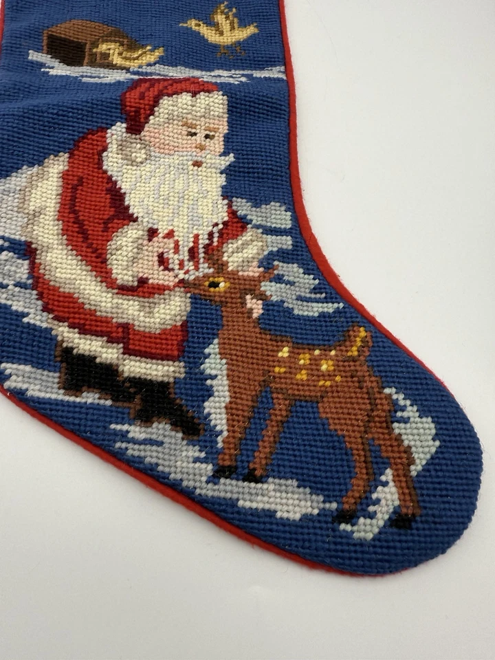 Needlepoint Christmas Stocking Blue Wool Santa Reindeer Red vintage - Image 2 of 4