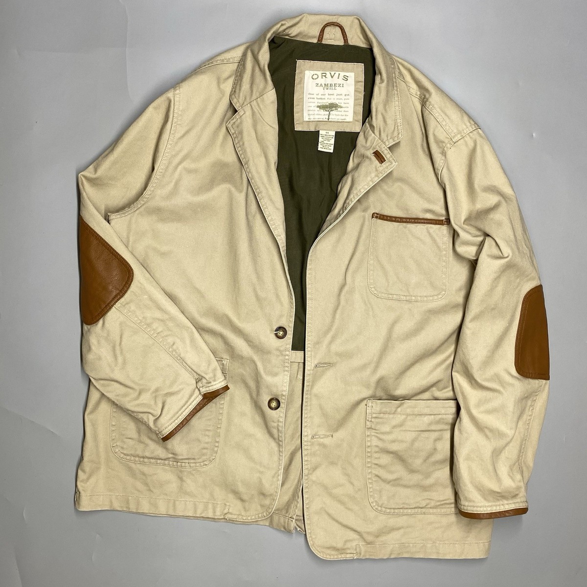 Orvis Jacket Mens 44 Beige Utility Coat Elbow Patch Zambezi Twill 