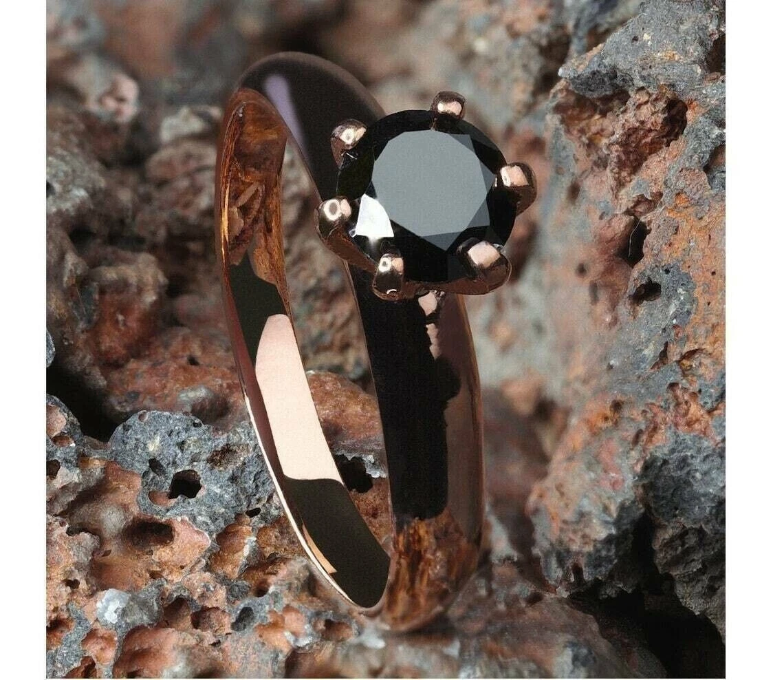 2Ct Round Cut Lab Created Black Diamond Solitaire Ring 14K Rose