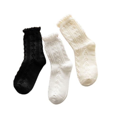 3 Pairs Women Cute Decorative Border Socked Cotton Solid Mid Calf In Tube Socks - Picture 2 of 20