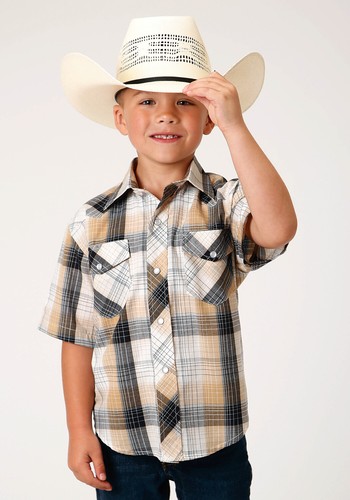 Roper Boys Kids Black/Khaki Cotton Blend Plaid S/S Snap Shirt - Picture 1 of 4