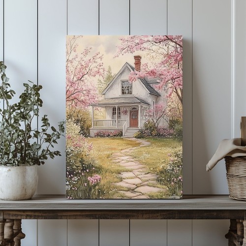 Cottage Garden Canvas Print – White Cottage Surrounded by Blooming Flowers for R - Picture 6 of 18