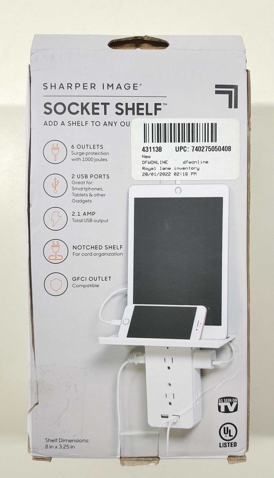 Sharper Image Socket Shelf Cordless Wall Outlet Extender with 6Outlets