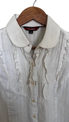 E.Land Vintage Damen Bluse Gr. S/M 170/92A weiß Rüschen gestickt Logo  - Bild 4 von 8