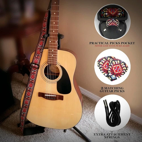 Guitar Strap For Acoustic, Electric and Bass Guitar, Red Woven Vintage Embroi...