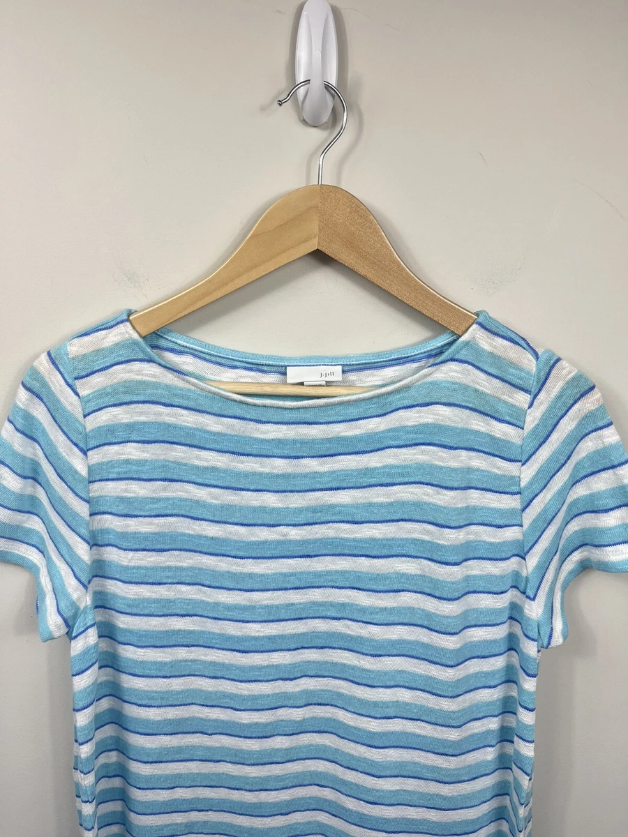J. Jill Shirt Womens Medium Blue Stripe Linen Cotton Short Sleeve