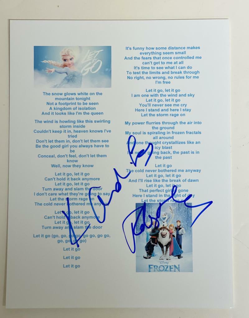 ROBERT LOPEZ KRISTENANDERSON LOPEZ SIGNED LET IT GO FROZEN LYRIC SHEET
