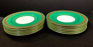 Set-of-12-Minton-Tatman-Chicago-Green-amp-Gold-Leaf-Enameled-Dinner-Plates-10-1-2-034