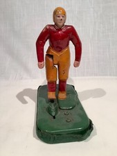 1920s-1930s WOOLSEY IRON TOY FOOTBALL KICKER ON TIN BASE, SUPERB ORIGINAL PAINT
