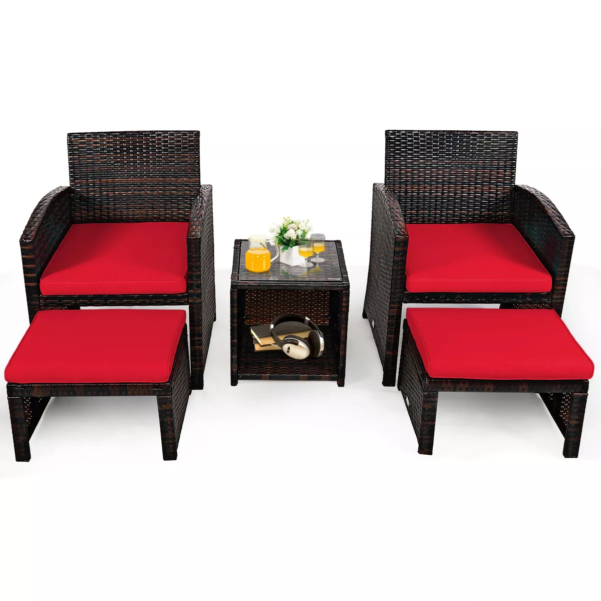 Costway 5PCS Patio Rattan Wicker Furniture Set Sofa Ottoman W
