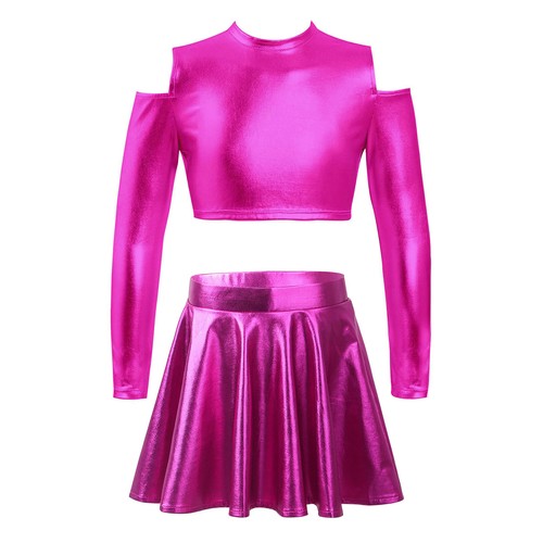 Girls Shiny Latin Jazz Ballet Dance Dress Crop Top with Skirt Dancewear AU - Picture 51 of 84