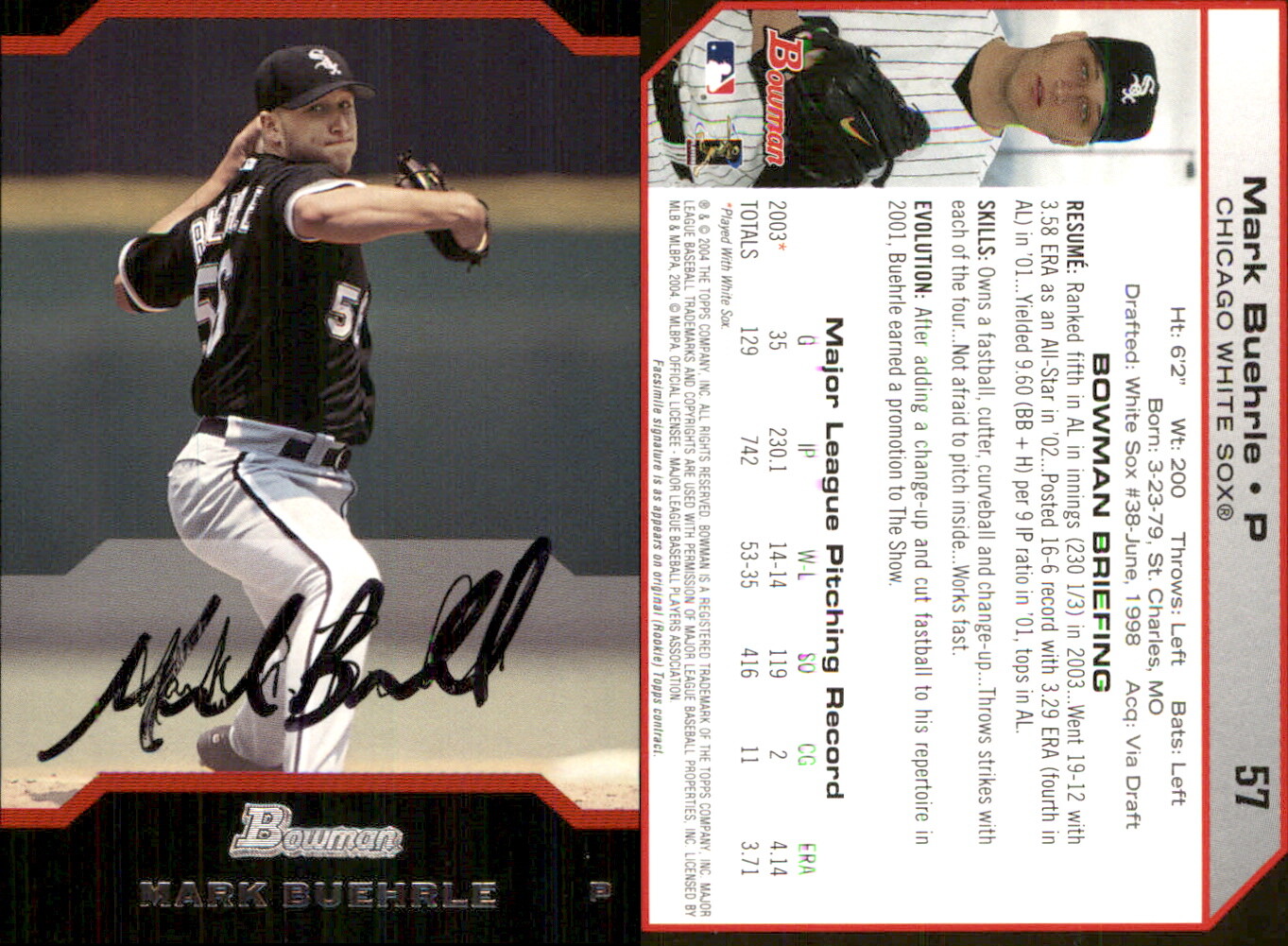 Mark Buehrle Signed 2003 Topps Opening Day #57 Card Chicago White Sox Auto AU