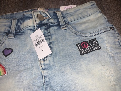 Justice girls sz 14 peace rainbow jean denim Acid Wash shorts nwt 80’s - Picture 3 of 4