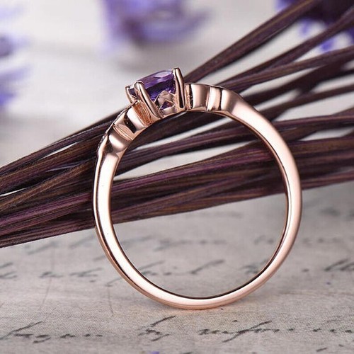 Round Cut Vintage Natural Amethyst 14K Rose Gold Plated Silver Engagement Ring - Foto 4 di 5