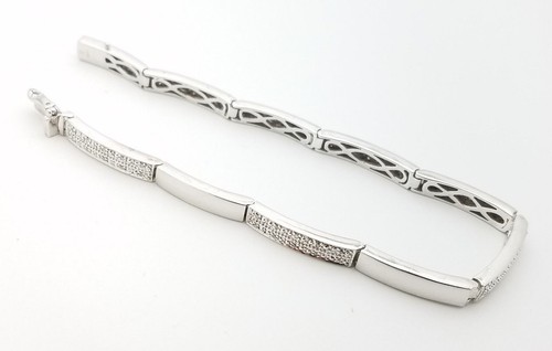 Sterling Silver 925 Flat 5 mm Bar Link Pave White Diamond 8' In Chain Bracelet - Picture 8 of 11