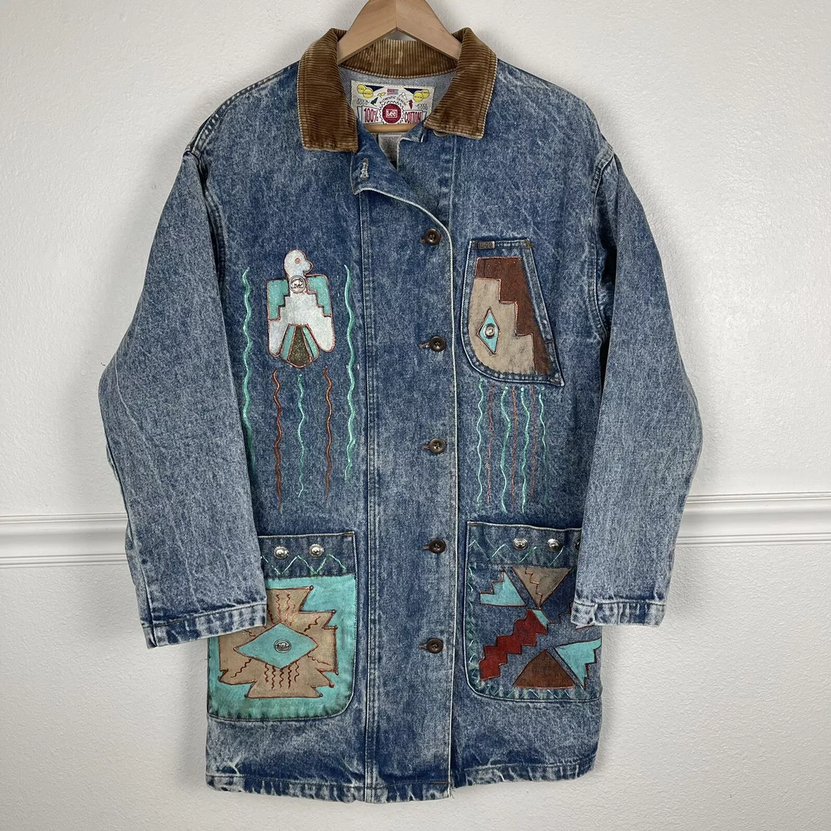 Vintage 90s LEE Corduroy Collar Denim Jacket Sz S Native American Navajo  Design