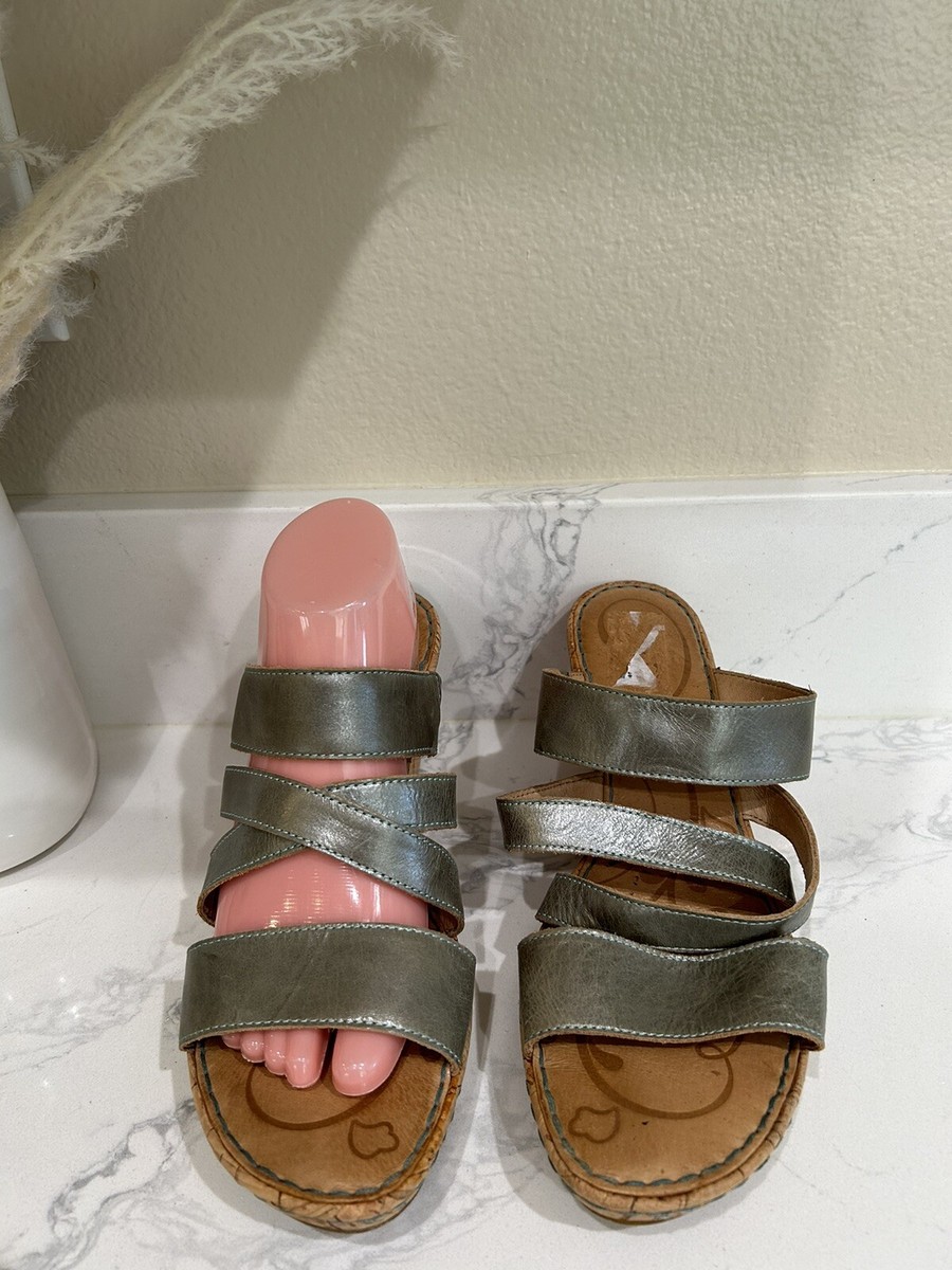 BORN woman's Size 11 M Silver Leather slip-on Open Toe wedge