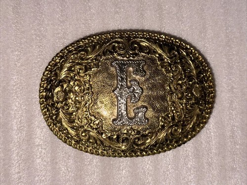 Crumrine  Bronze Belt Buckle E Initial Monogram Western Oval - Picture 2 of 4