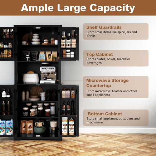 72" Kitchen Pantry Storage Cabinet Traditional Freestanding with 4 Doors Black - Picture 3 of 7